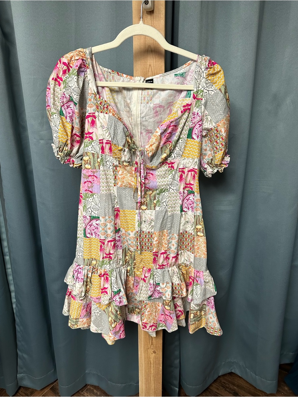 SHEIN Pink, Yellow & Cream Floral Patchwork Puff-Sleeve Mini Dress